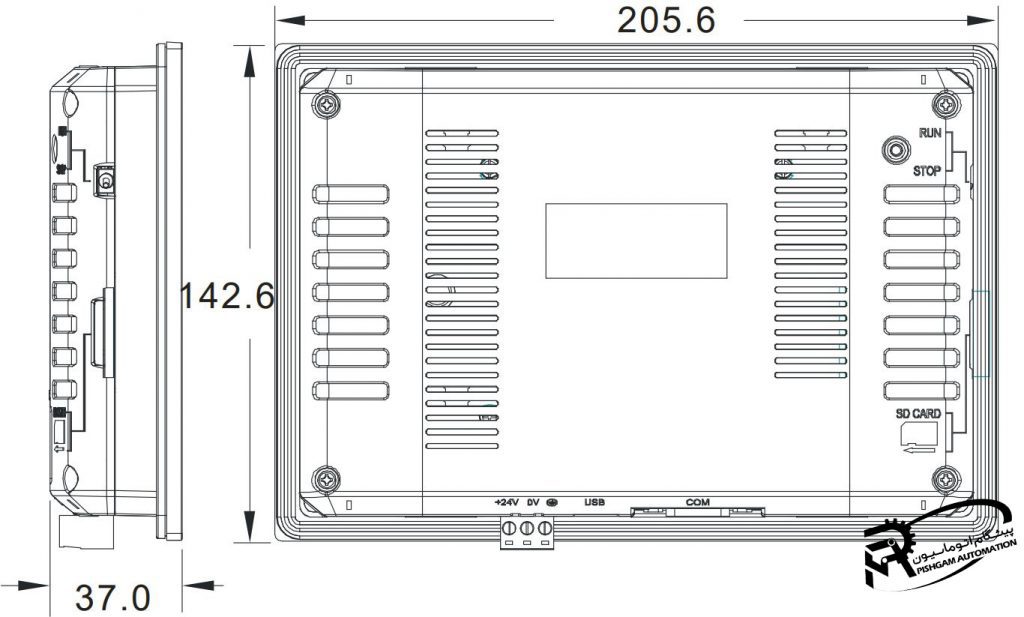 ابعاد HMI پی ال سی دار دلتا مدل TP70P-RM0
