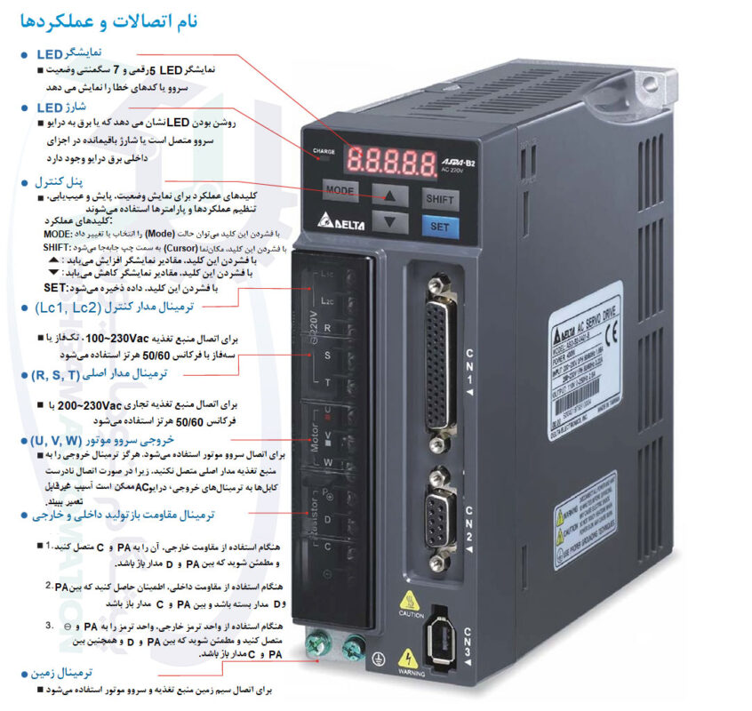 آموزش سیم‌بندی و اتصالات سروو موتور 100 وات دلتا B2 بدون ترمز 3000 دور