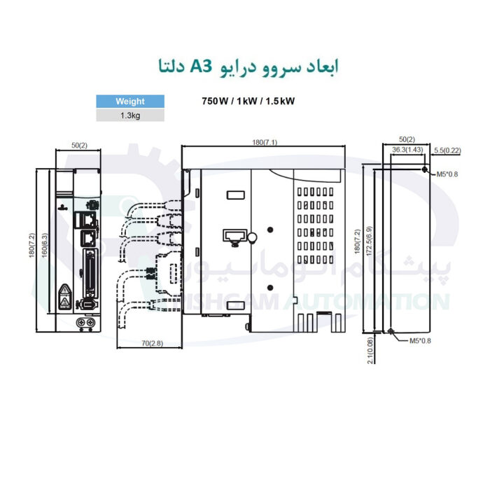 ابعاد سروو درایو A3 دلتا 750 وات مدلASD-A3 0721-M