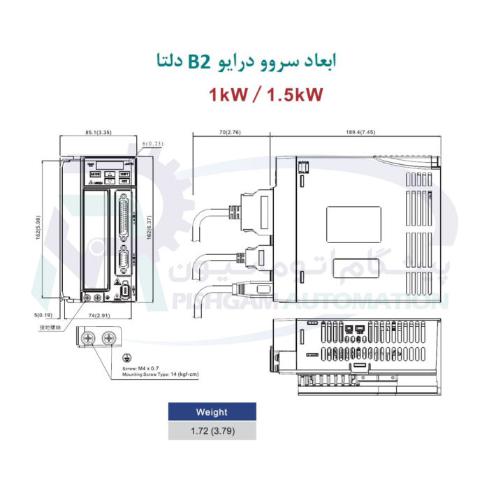 سروو درایو B2 دلتا 1 کیلو وات ASD-B2-1021-M ابعاد و شکل ظاهری و تصویر ابعاد درایو 1 کیلو وات B2 دلتا