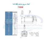 سروو موتور 750 وات B2 دلتا بدون ترمز 3000 دور ECMA-C20807RS تصویر، ابعاد و شکل ظاهری ابعاد فلنج و شفت اندازه فلنج طول موتور وزن موتور