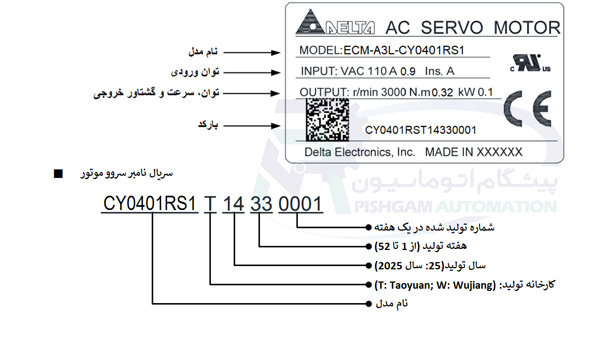 مشخصات پلاک سروو موتور 100 وات سری A3 دلتا بدون ترمز با کد ECM-A3L-CY0401RS1