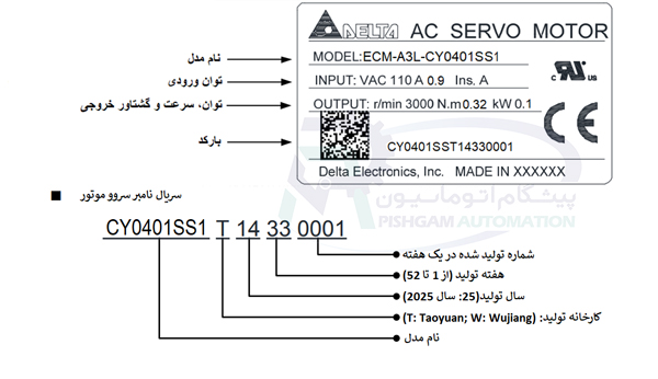 مشخصات پلاک سروو موتور 100 وات سری A3 دلتا ترمزدار با کد ECM-A3L-CY0401SS1