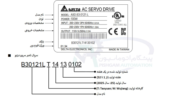 مشخصات پلاک سروو درایو سروو موتور 100 وات سری B3 دلتا ترمزدار با کد ASD-B3-0121-L