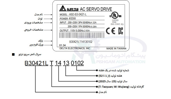 مشخصات پلاک سروو درایو سروو موتور 400 وات سری B3 دلتا ترمزدار با کد ASD-B3-0421-L