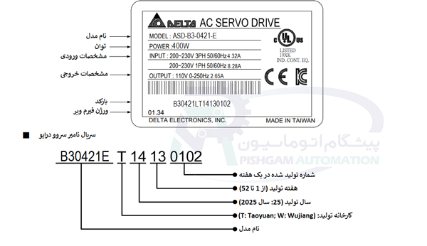 مشخصات پلاک سروو درایو سروو موتور 400 وات EtherCAT دار سری B3 دلتا ترمزدار با کد ASD-B3-0421-E