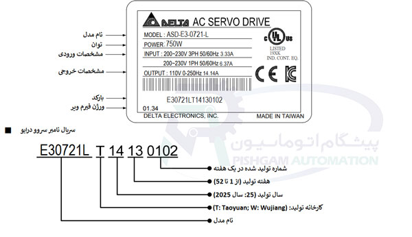 مشخصات پلاک سروو درایو سروو موتور 750 وات سری E3 دلتا ترمزدار با کد ASD-E3-0721-L