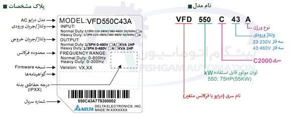 مشخصات پلاک اینورتر 55 کیلو وات سه فاز دلتا مدل VFD550C43A سری VFD-C2000 